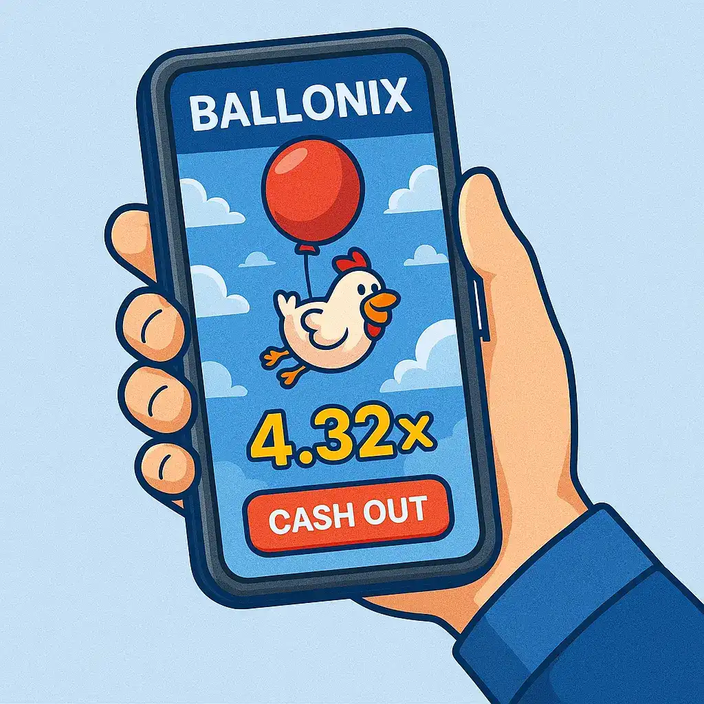 Hand holding a phone showing a flying chicken with a red balloon in a game called Ballonix, featuring a 4.32x multiplier and Cash Out button.