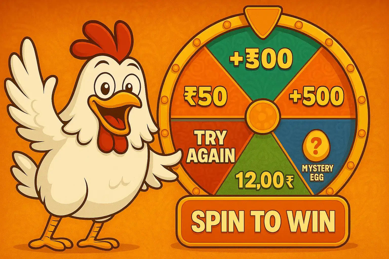 Cartoon chicken standing beside a colorful prize wheel offering cash rewards, mystery egg, and Spin to Win prompt in a bright orange setting.