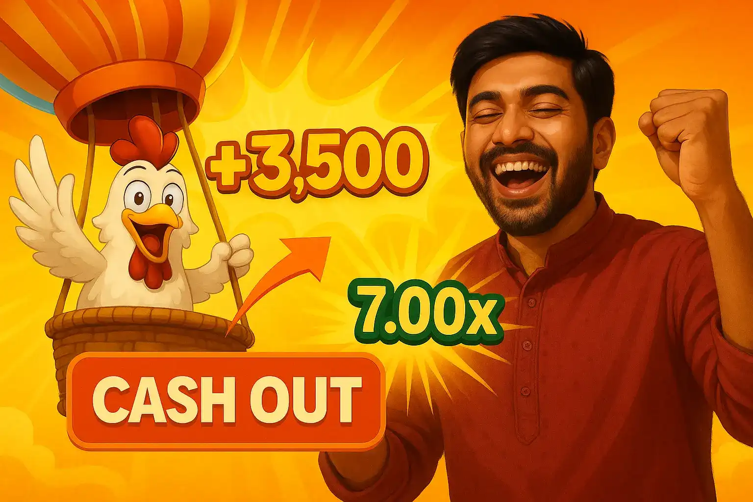 Excited man celebrating with a smiling chicken in a hot air balloon, displaying +3,500 winnings and a 7.00x multiplier in a bright orange background with a bold CASH OUT button.
