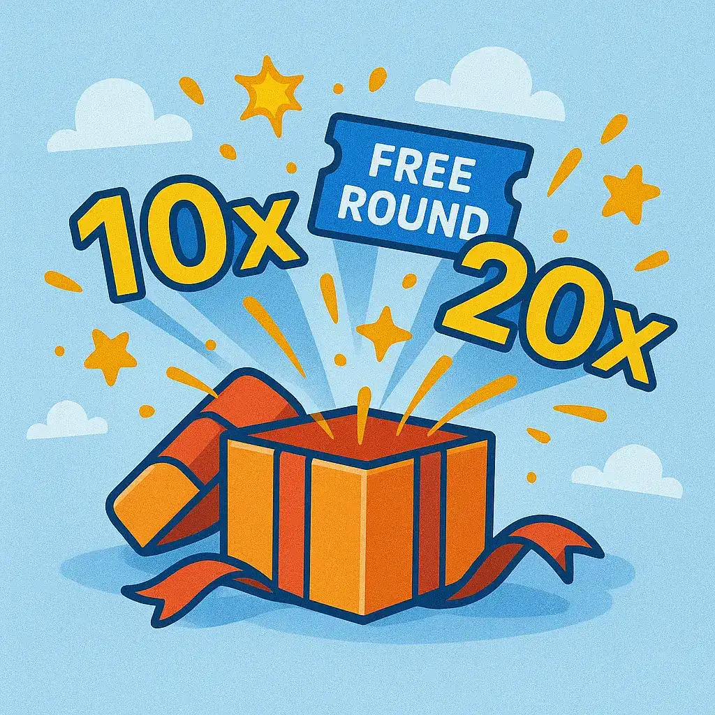 Opened gift box with a ticket labeled FREE ROUND exploding with stars and bright multipliers 10x and 20x in a fun cartoon-style sky background.