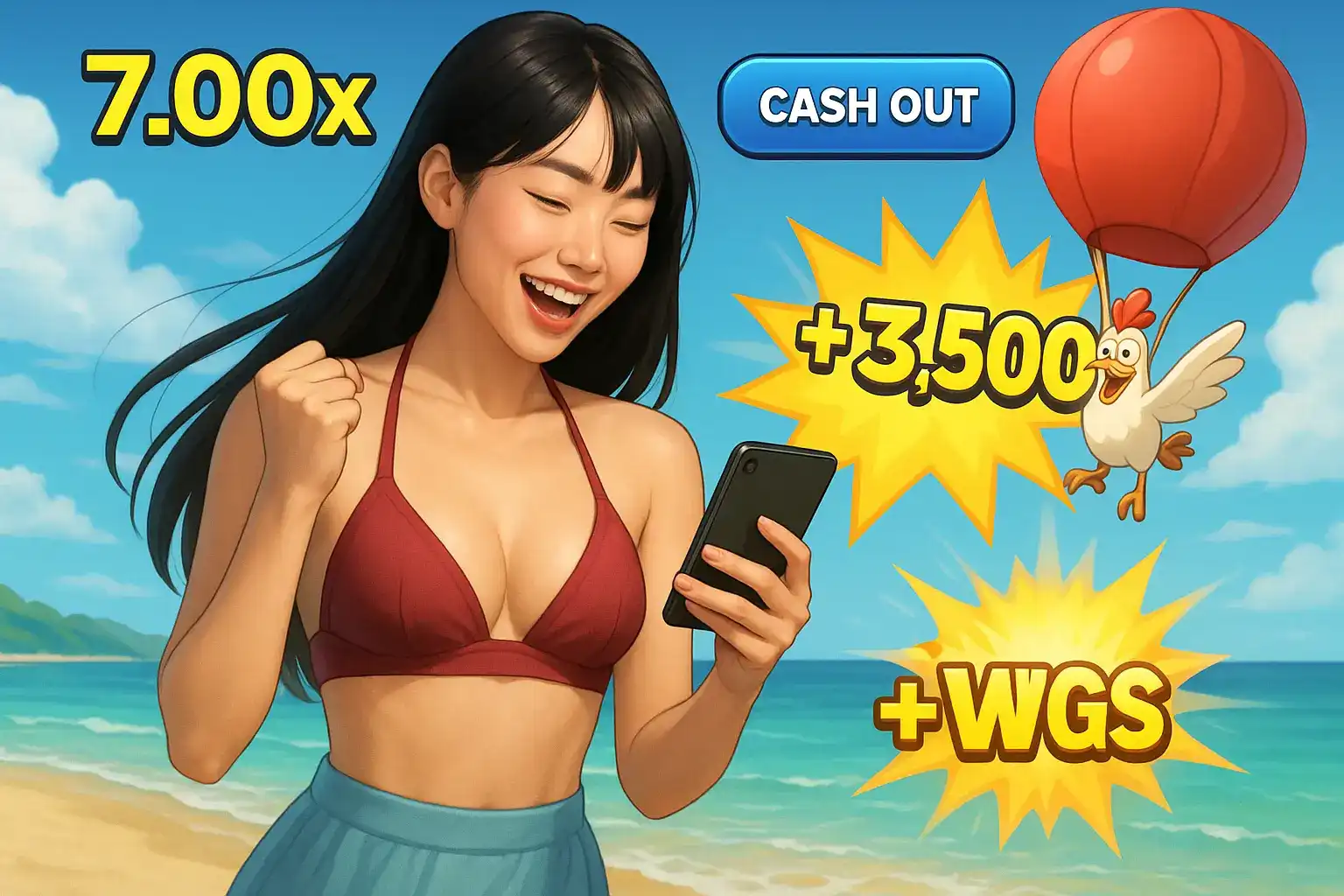 Excited woman in a red bikini top cheering at her phone on a beach, with a cartoon chicken flying and bright bursts showing '+3,500' and '+WGS'.