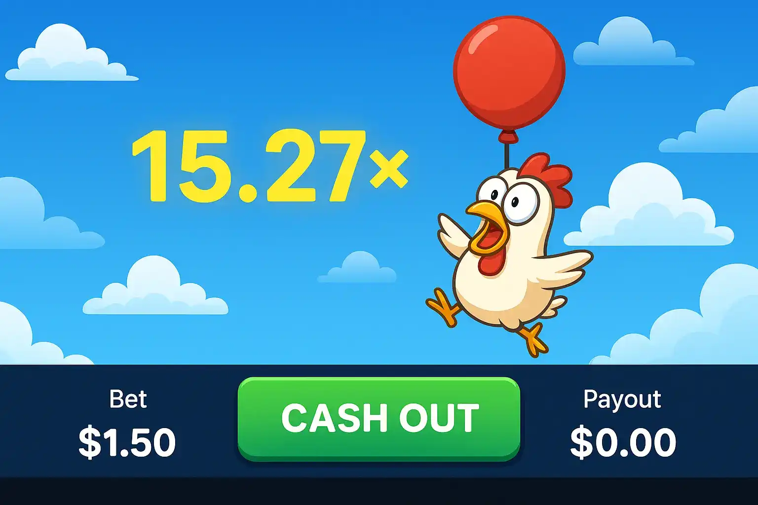 Cartoon chicken floating with a red balloon against a blue sky, with a large '15.27x' multiplier and 'Cash Out' button below a $1.50 bet and $0.00 payout.