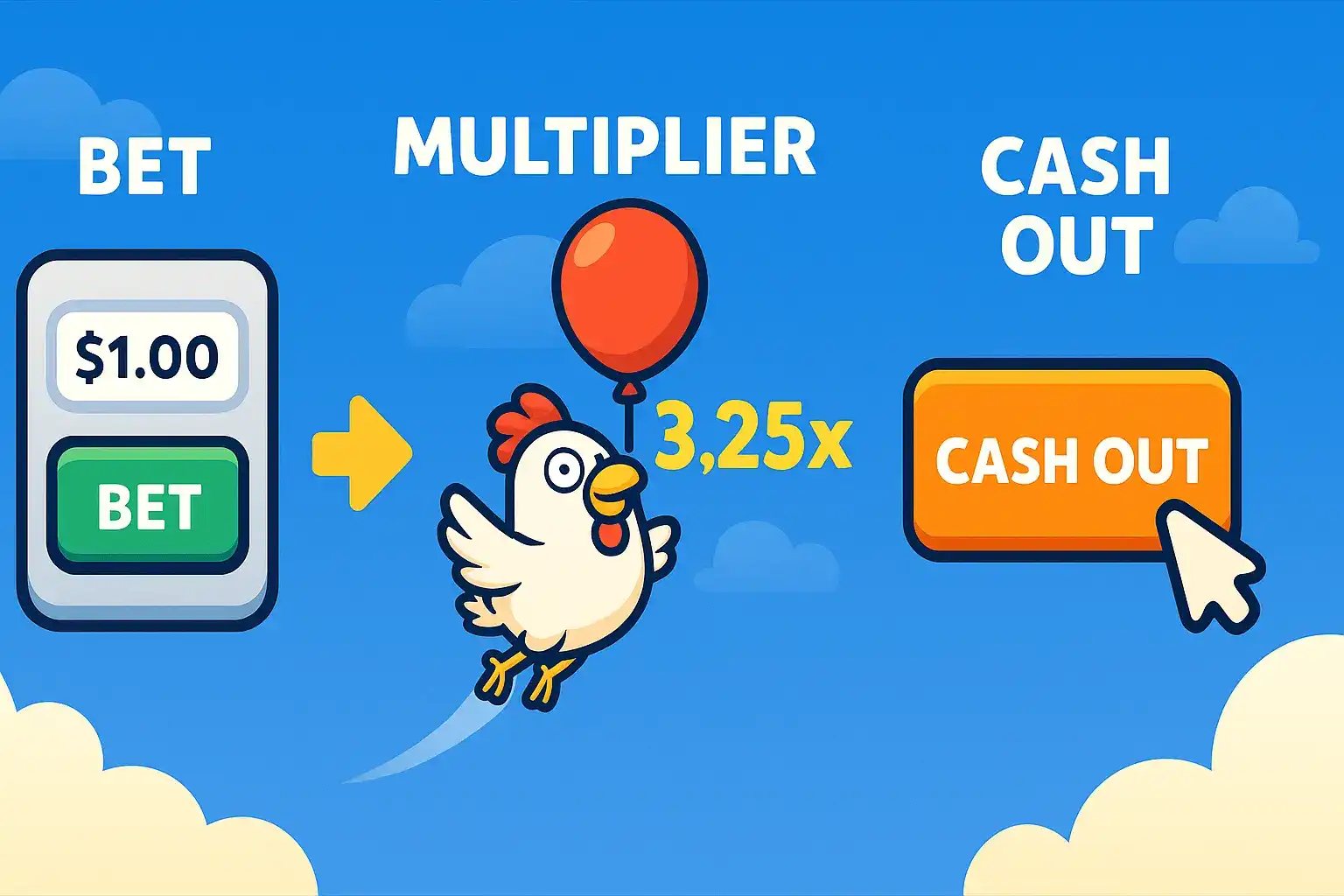 Cartoon chicken with a red balloon flying across the screen, showing a $1.00 bet turning into a 3.25x multiplier and a bright CASH OUT button.