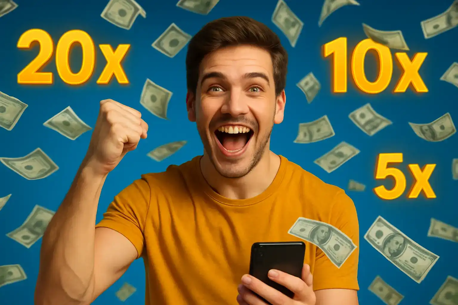 Overjoyed man in yellow shirt holding a smartphone while dollar bills fly around and multipliers 20x, 10x, and 5x glow behind him.