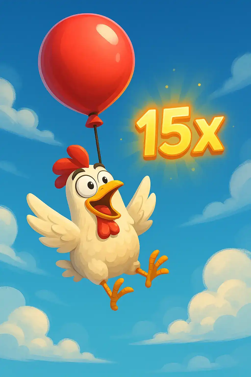 Happy cartoon chicken flying with a red balloon next to a glowing 15x multiplier.