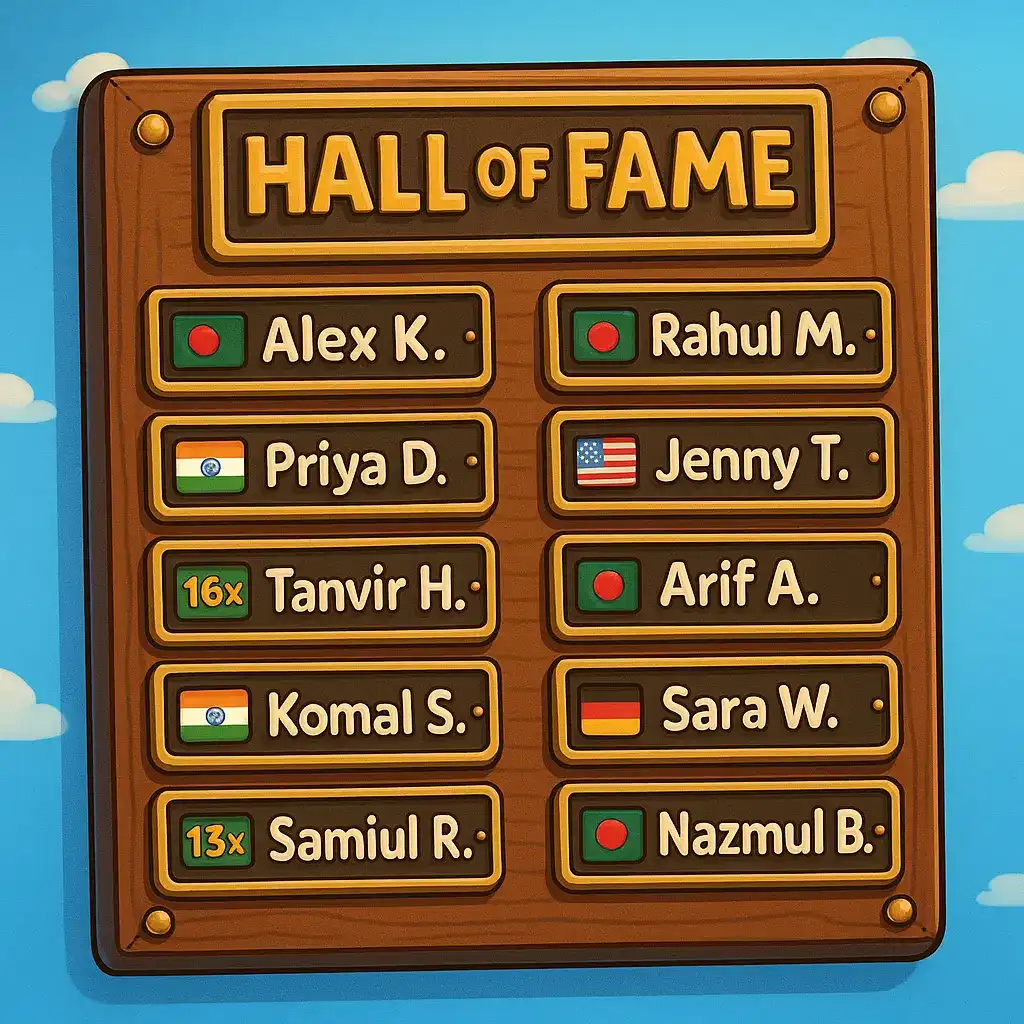 Wooden Hall of Fame board featuring top casino players' names and country flags.
