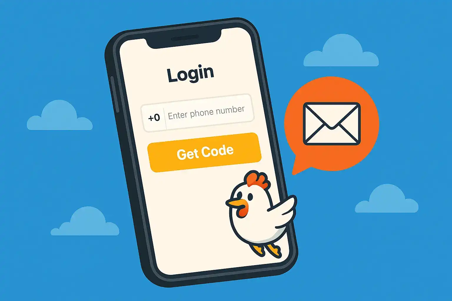 Illustration of a mobile login screen with a cartoon chicken beside it and an envelope icon, prompting users to enter their phone number to get a code.