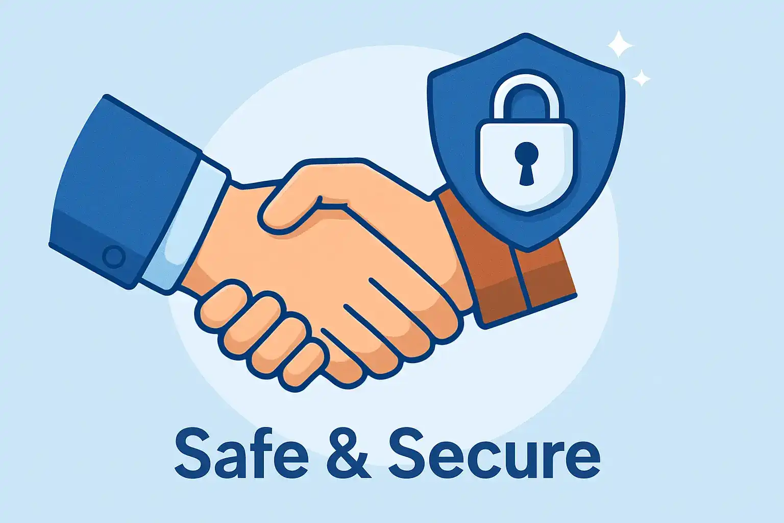 Cartoon-style handshake under a shield with a padlock symbol, representing safe and secure transactions or agreements in a clean blue background.
