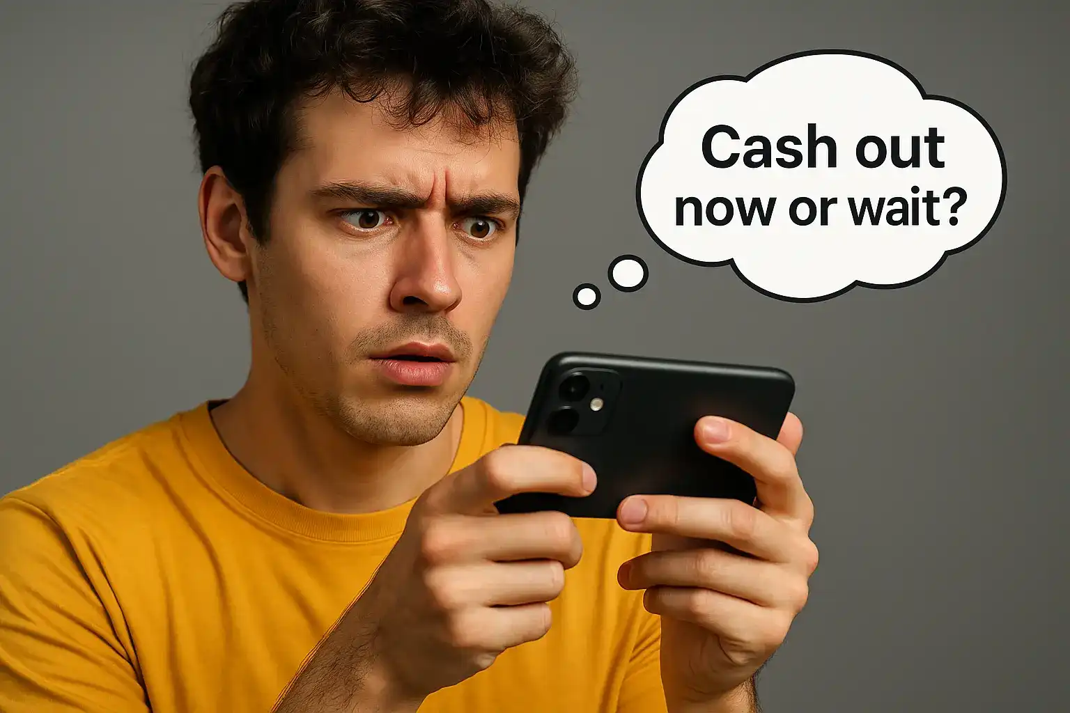 Man in yellow shirt intensely thinking while holding phone with thought bubble saying Cash out now or wait?.