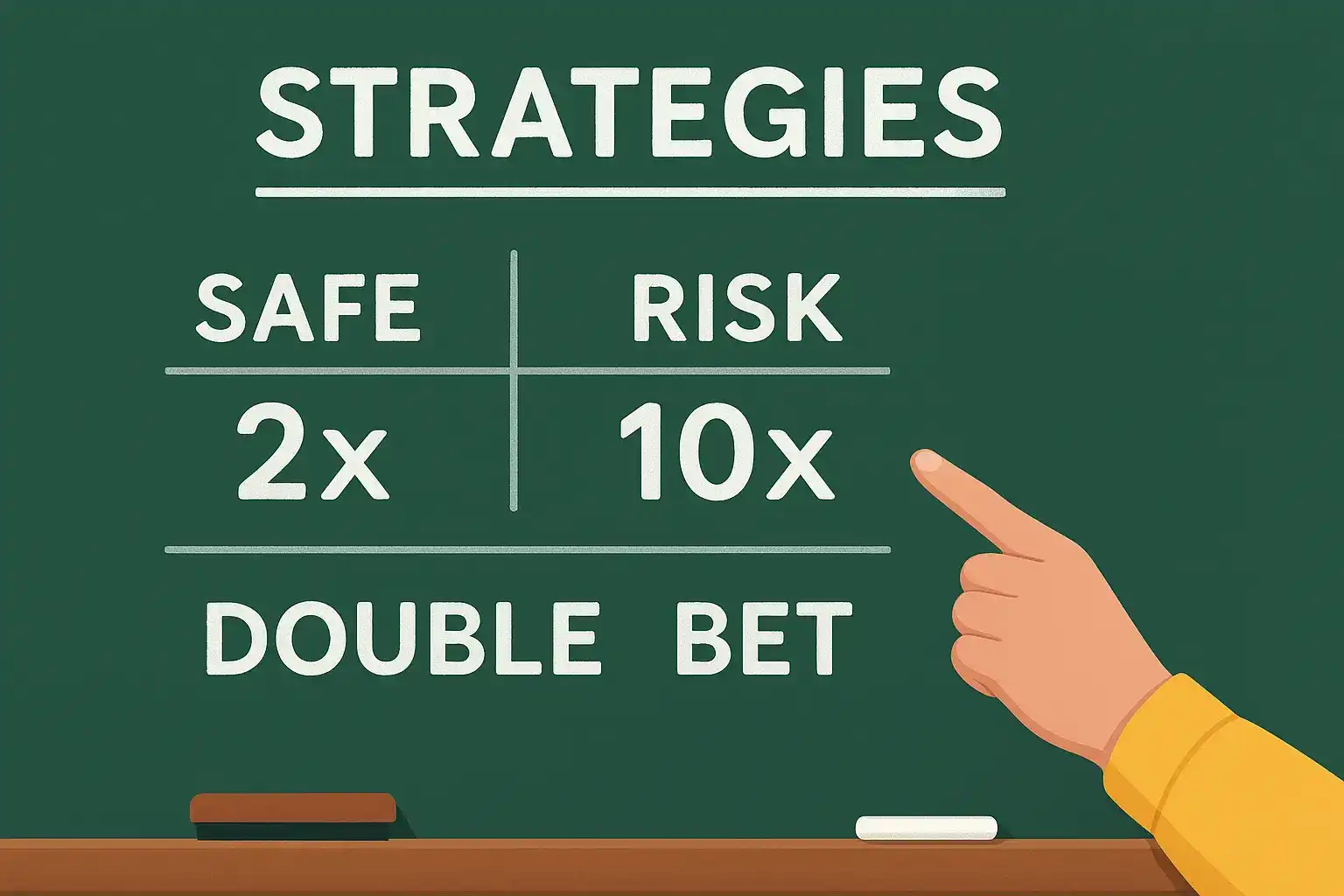 Strategy chart on a chalkboard comparing safe 2x and risky 10x bets in online casino games.