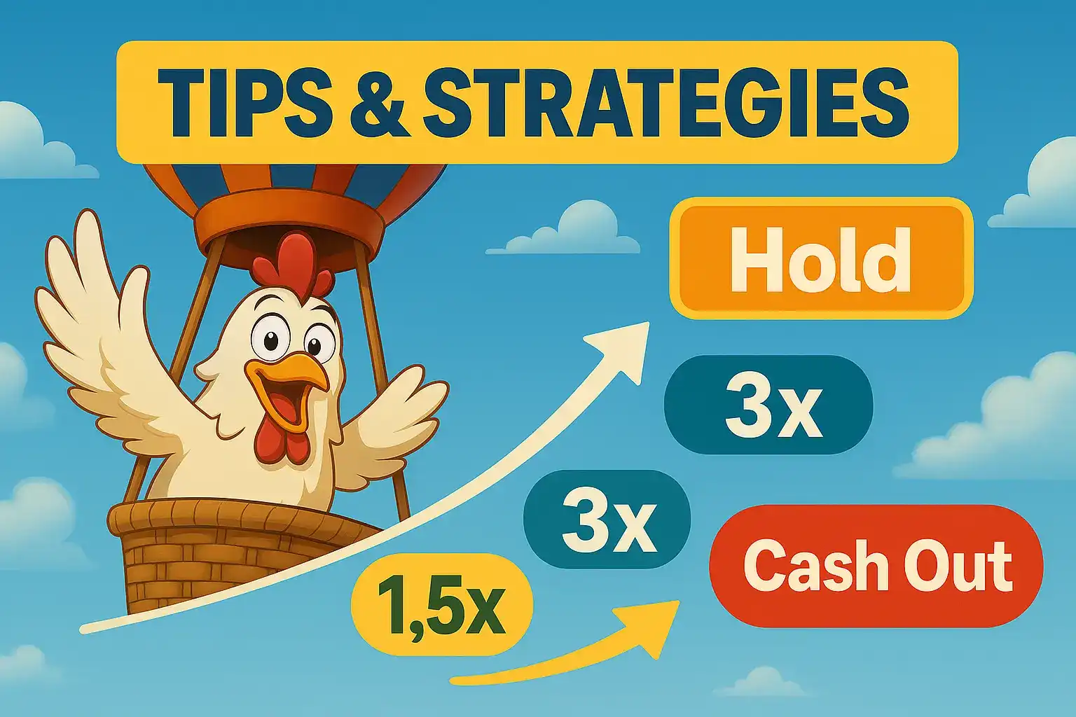 Cartoon chicken in a hot air balloon showing casino tips and strategies like Hold and Cash Out.